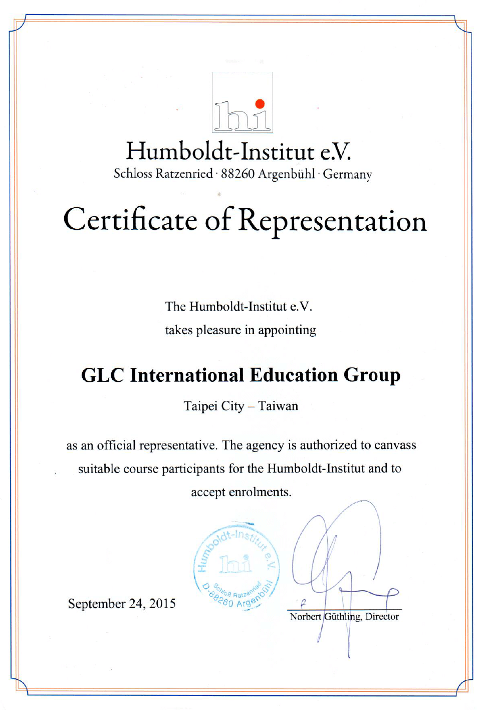 榮獲德國語言學校Humboldt-Institute授權代理 - GLC鉅霖遊學